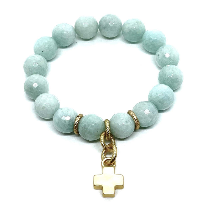 Amazonite Matte Gold Cross Charm Stretch Bracelet