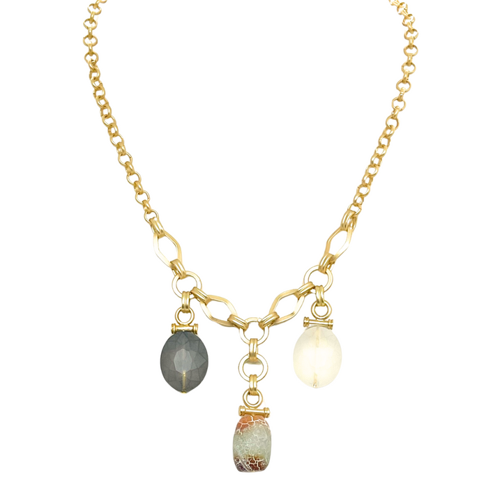 Three Charm Necklace With Fire Agate, Matte Olive Crystal, & Matte White Crystal