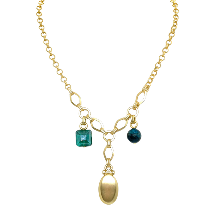 Three Charm Necklace With Gold Pillow Pendant, Appetite, &amp; Green Square Crystal