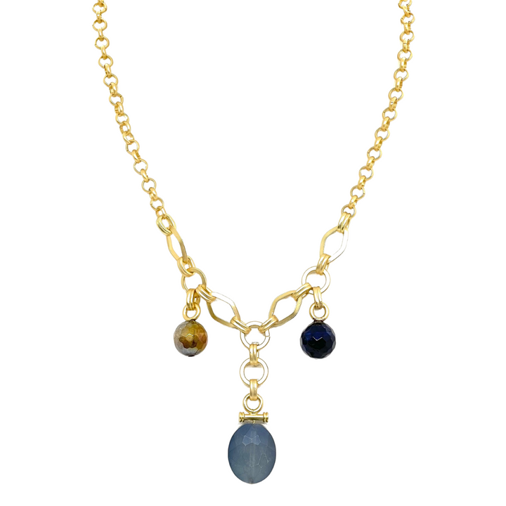 Three Charm Necklace With Matte Blue Crystal, Tiger Eye, & Blue Tiger Eye