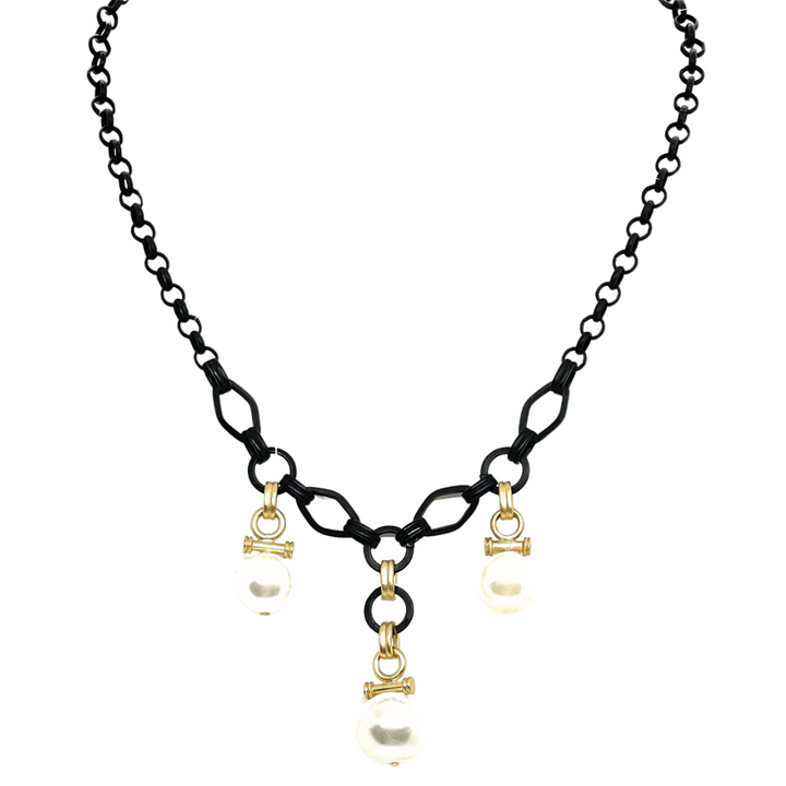 Three Pearl Charm Necklace on Black Chain