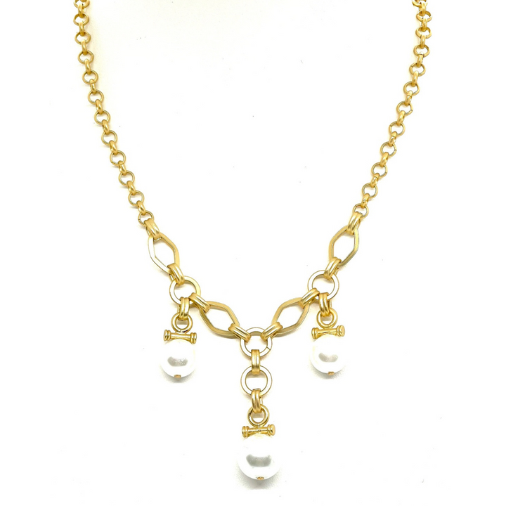 Three Pearl Charm Necklace on Gold Chain