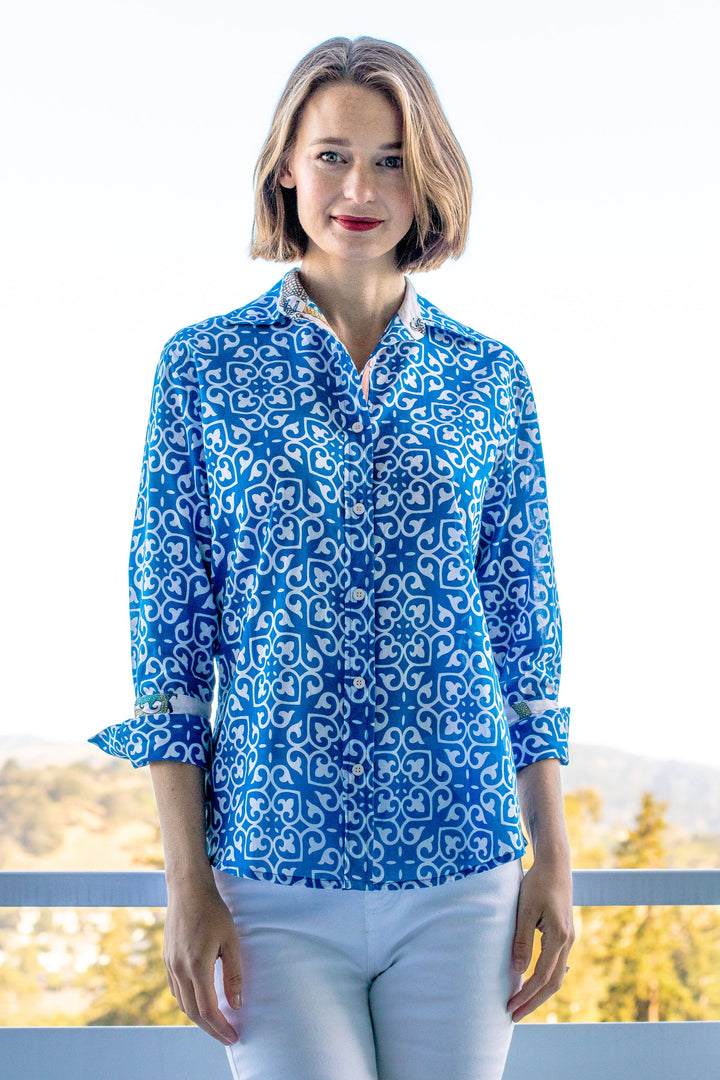 Rome Shirt with 3/4 Sleeves Cobalt Blue & White Geometric Print