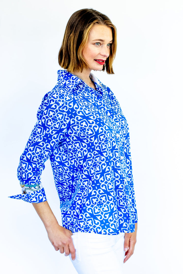 Rome Shirt with 3/4 Sleeves Cobalt Blue & White Geometric Print