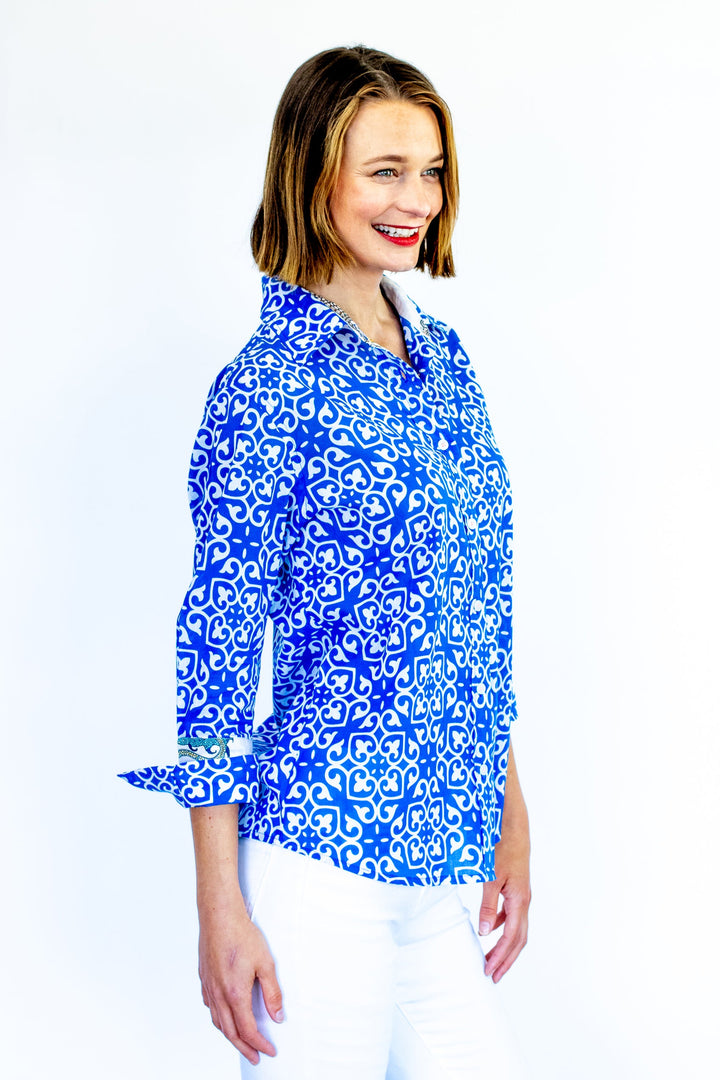 Rome Shirt with 3/4 Sleeves Cobalt Blue & White Geometric Print