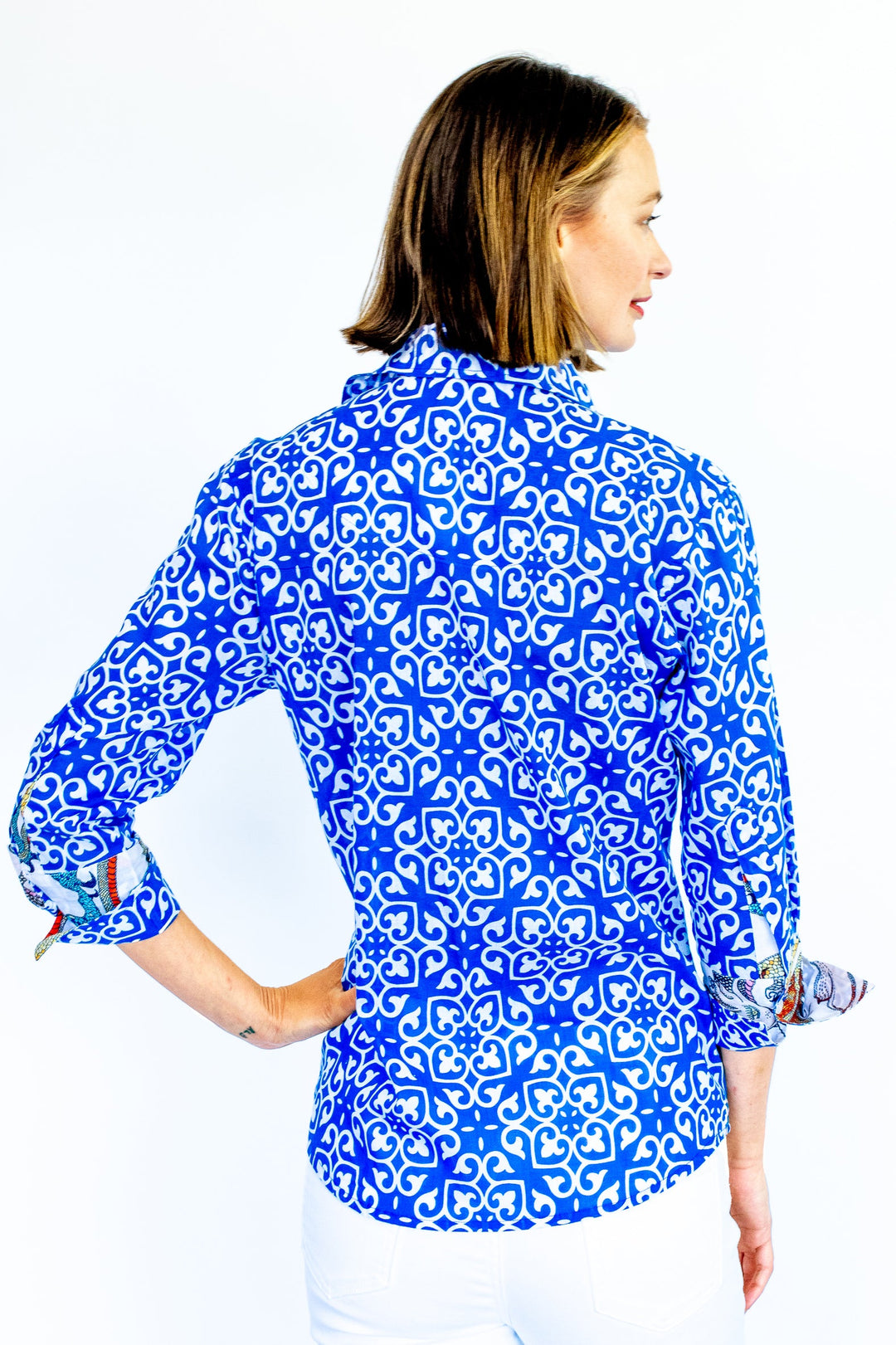 Rome Shirt with 3/4 Sleeves Cobalt Blue & White Geometric Print