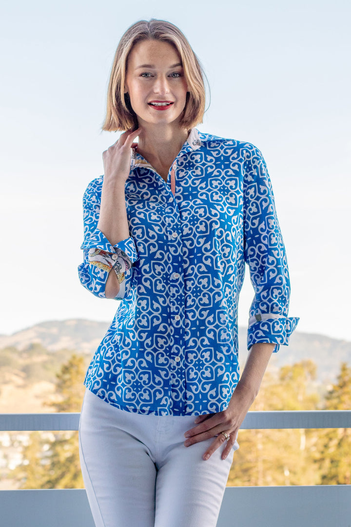 Rome Shirt with 3/4 Sleeves Cobalt Blue & White Geometric Print