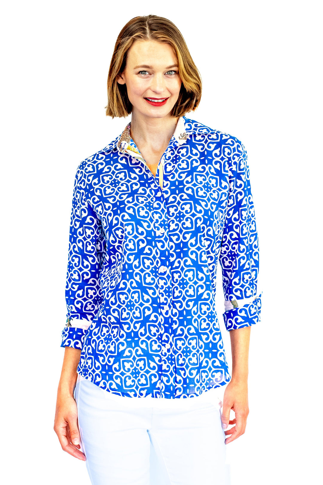 Rome Shirt with 3/4 Sleeves Cobalt Blue & White Geometric Print