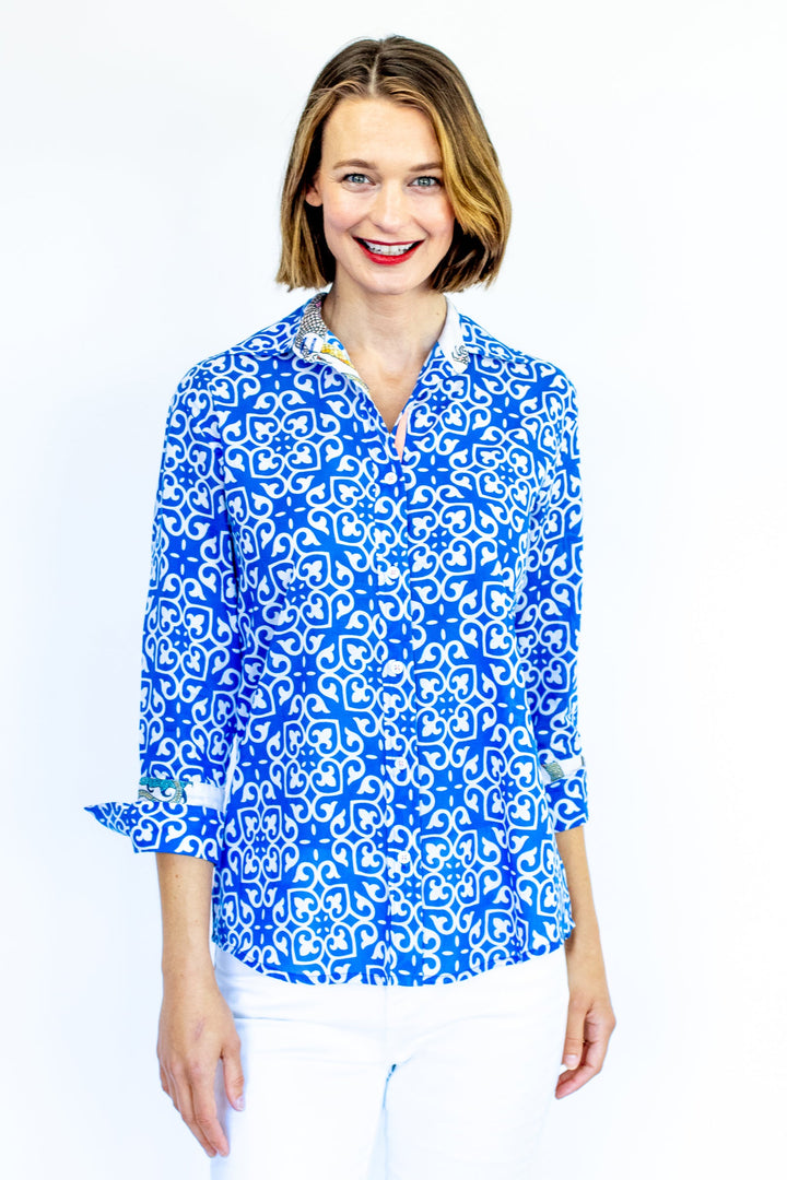 Rome Shirt with 3/4 Sleeves Cobalt Blue & White Geometric Print