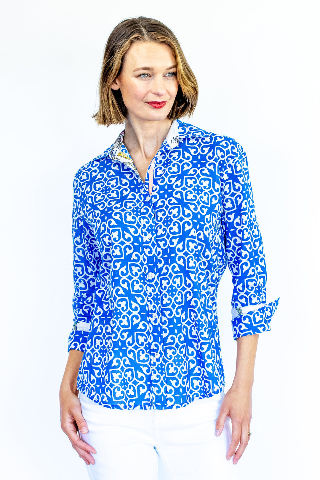 Rome Shirt with 3/4 Sleeves Cobalt Blue & White Geometric Print