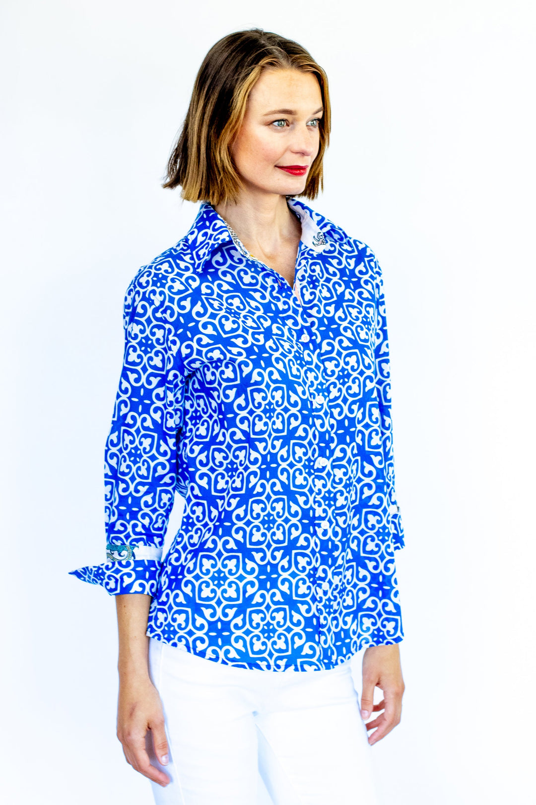 Rome Shirt with 3/4 Sleeves Cobalt Blue & White Geometric Print