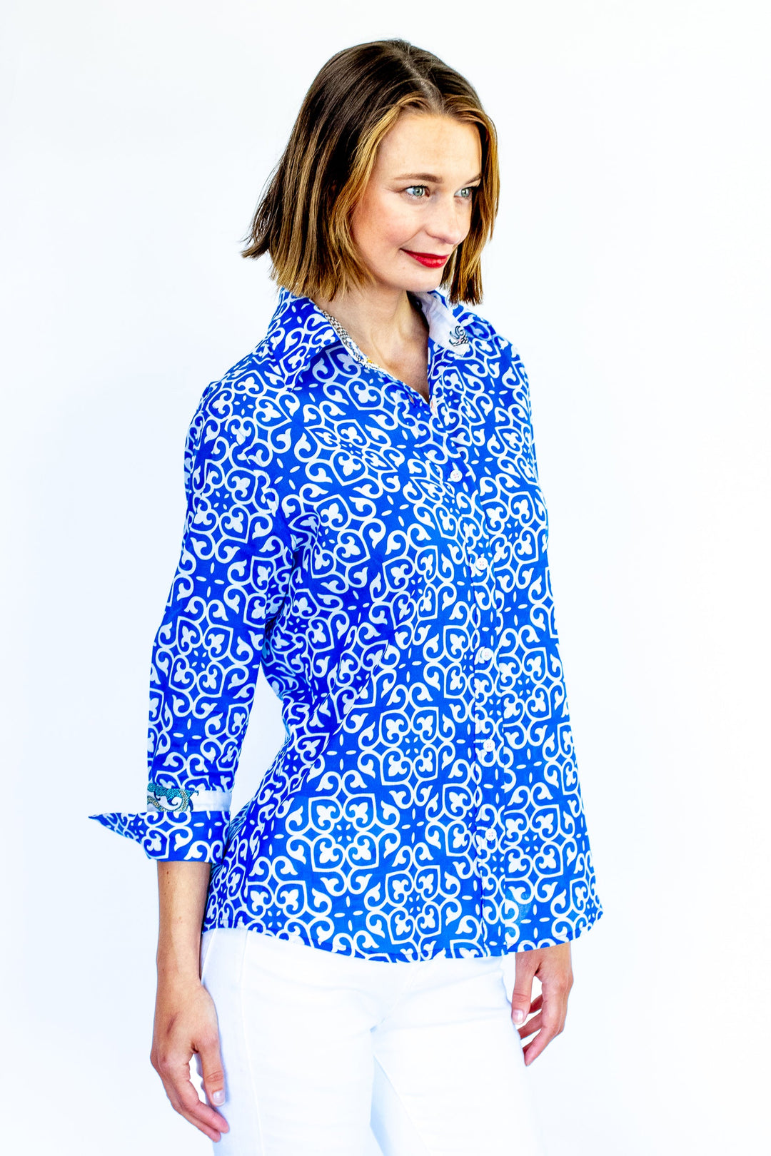 Rome Shirt with 3/4 Sleeves Cobalt Blue & White Geometric Print