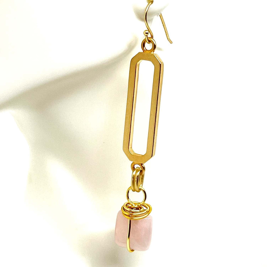 Paperclip Rose Quartz  Drop Matte Gold Earrings