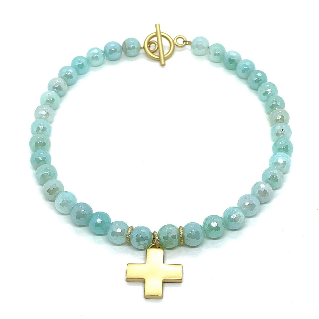 Aqua Glazed Agate Cross Necklace