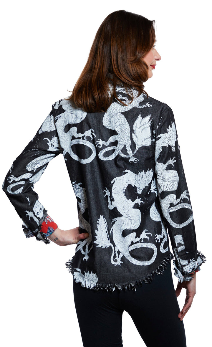 Cape Cod Tunic Black denim With White Dragons XS / 4949-F300B