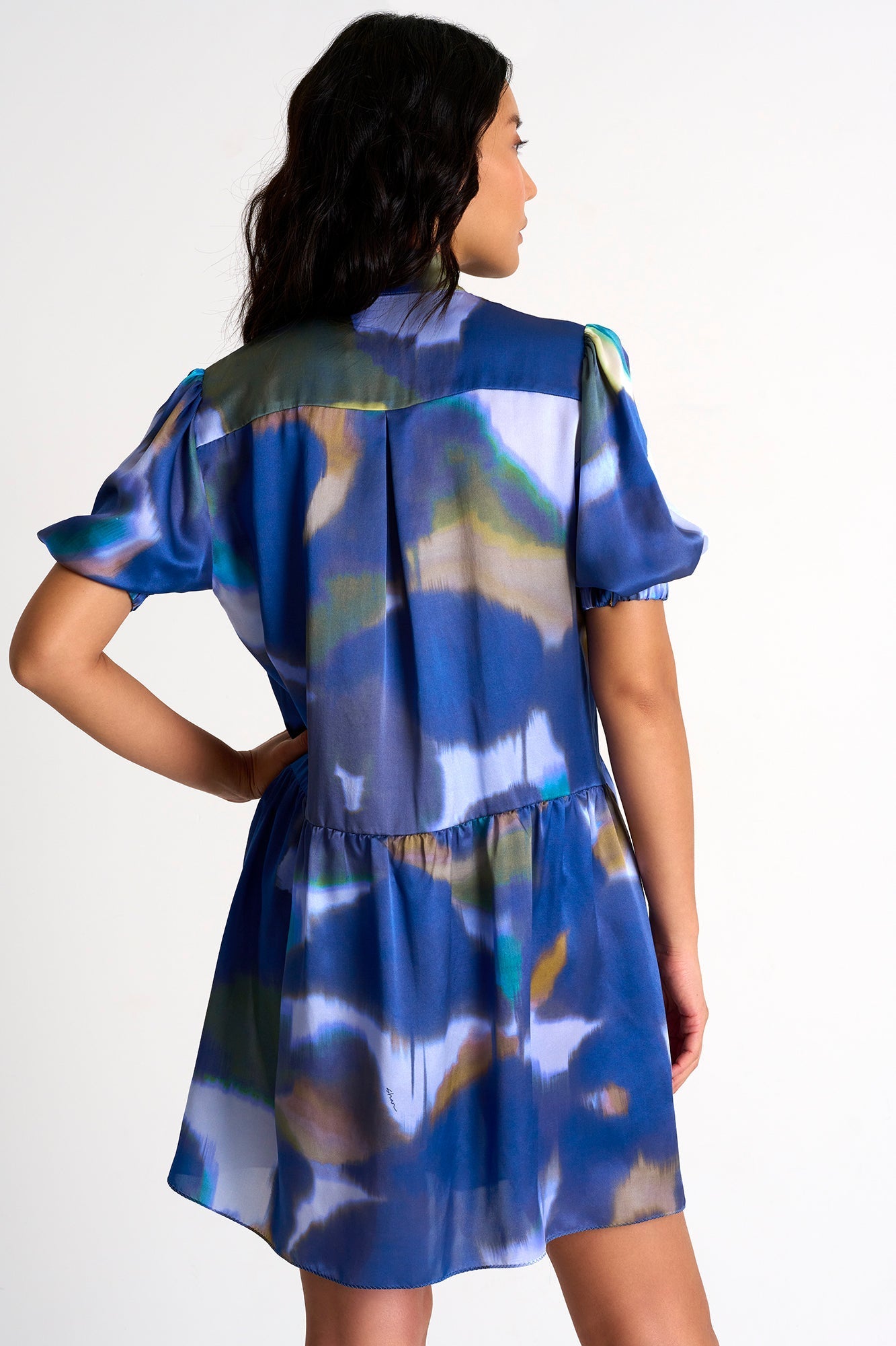 Elegant Puffy Sleeves Silk Dress - 52421-66-952 2 / 952 Iris / 100% SILK