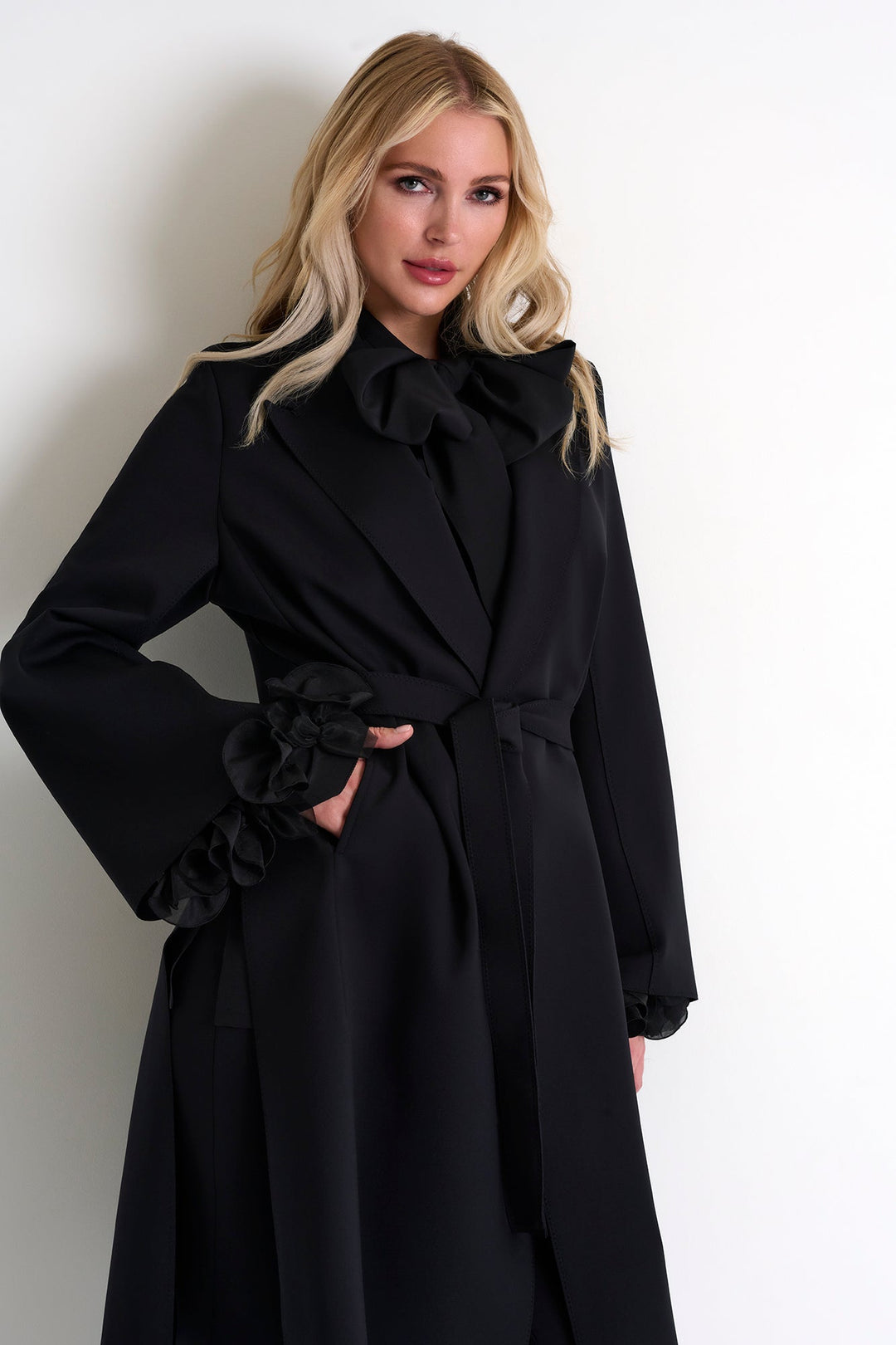 Long Coat With Tie Belt - 52467-80-800 02 / 800 Caviar / 75% POLYAMIDE, 25% ELASTANE