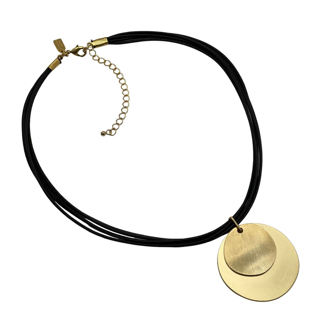 Matte Gold Double Disc Necklace on Navy Waxed Linen