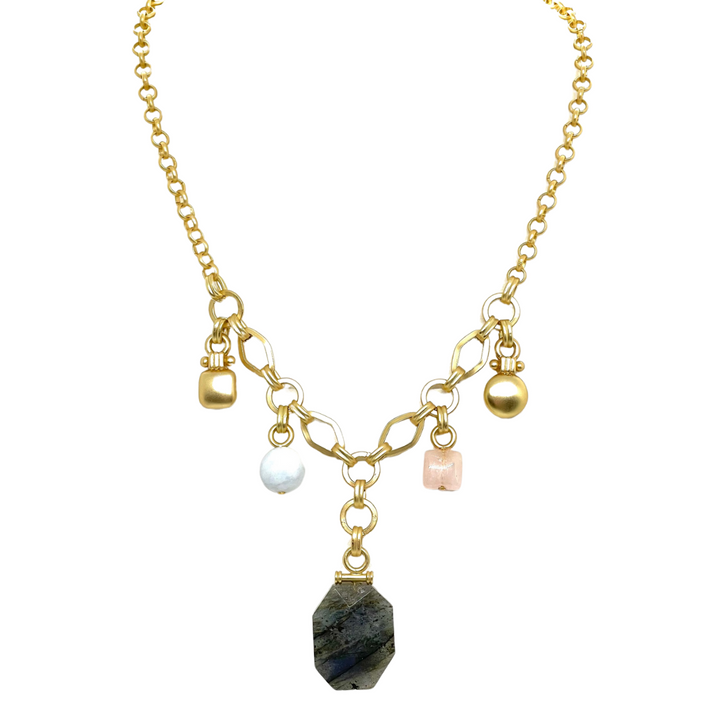 Five Charm Necklace With Labradorite, Matte Aquamarine, Rose Quartz, & Matte Gold