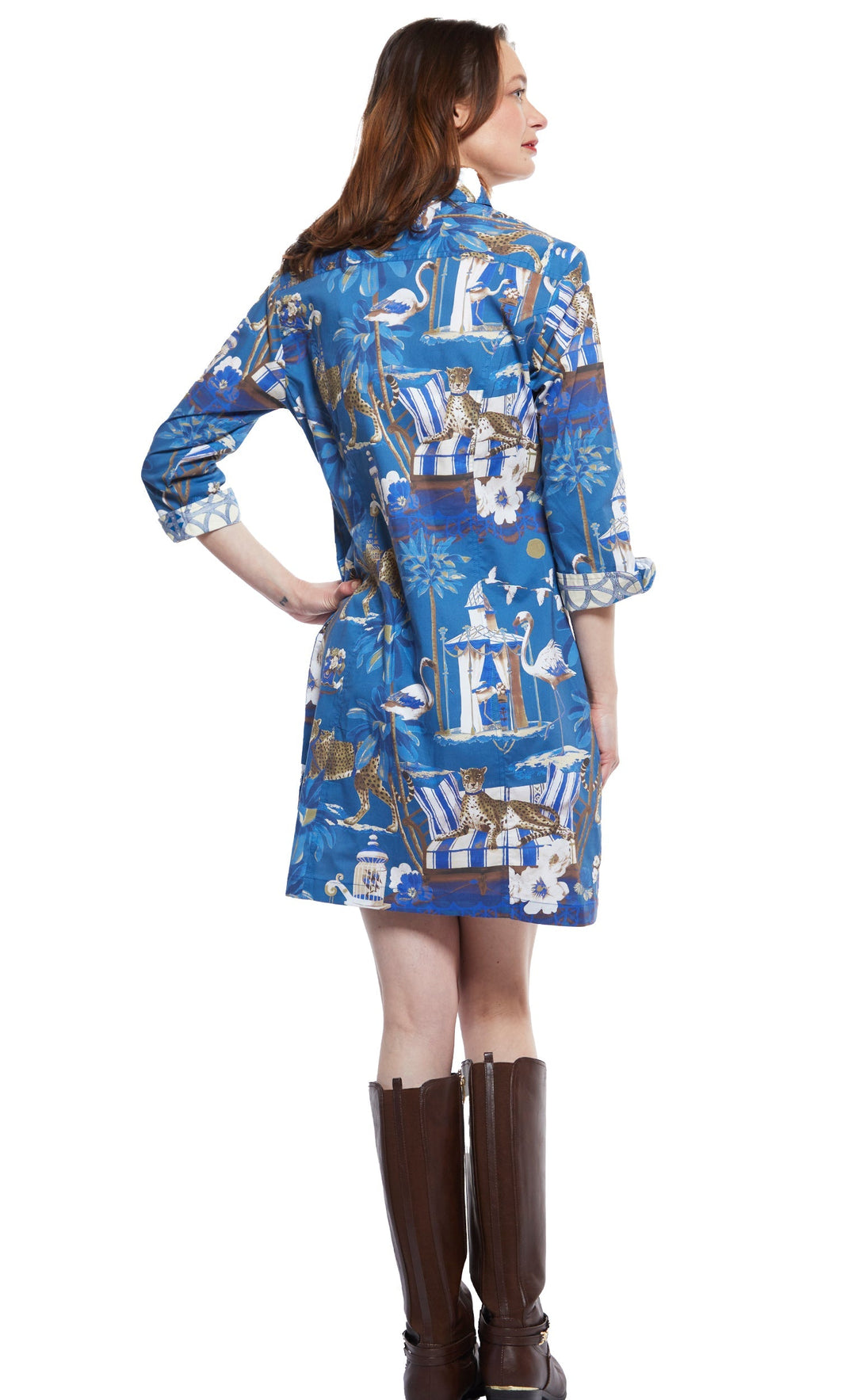 Sag Harbor Dress With Pagoda And Cheetahs On Blue Ground XS / 611-F929