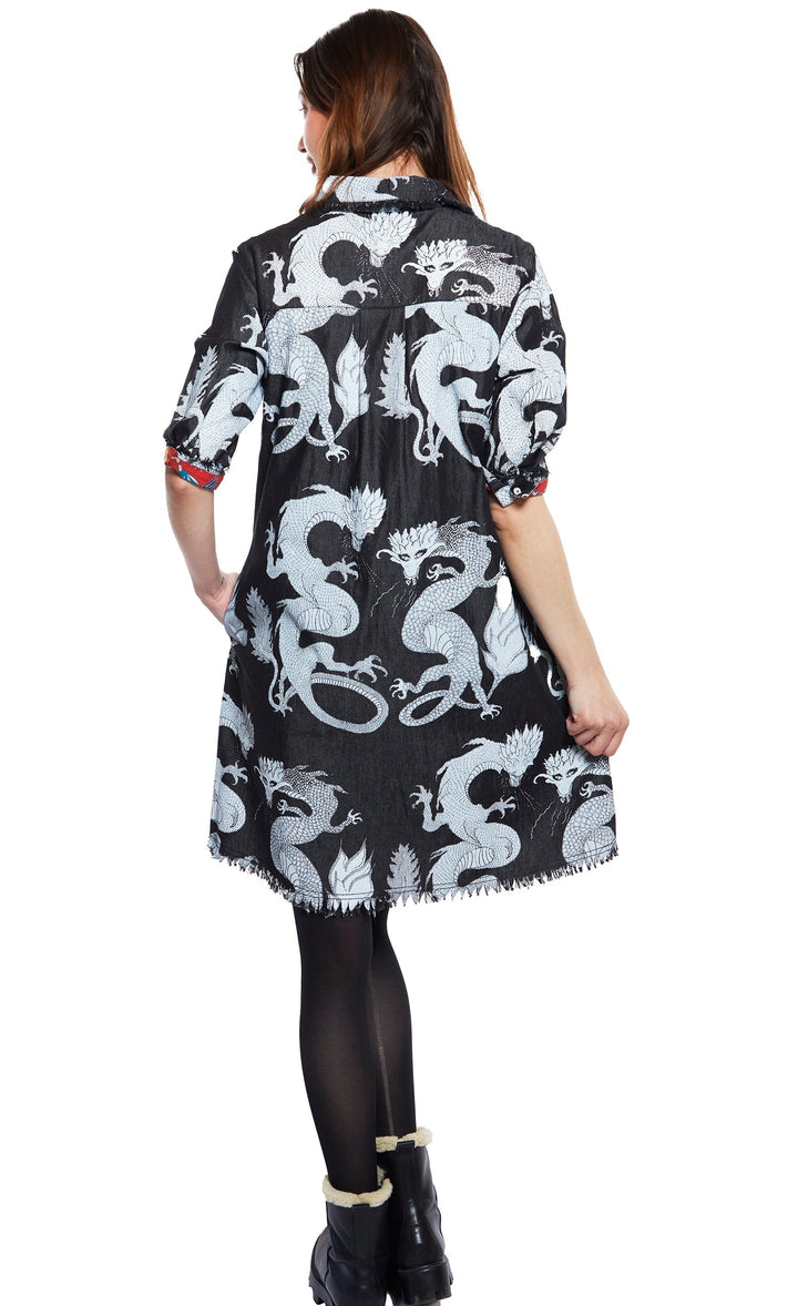 Chatham Dress Black Denim With White Dragons Print XS / 615A-F300B