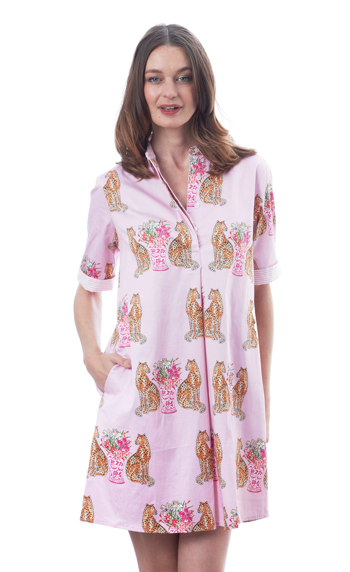 Chatham Dress Pink W Cheetah And Urns XS / 615A-S820A-XS