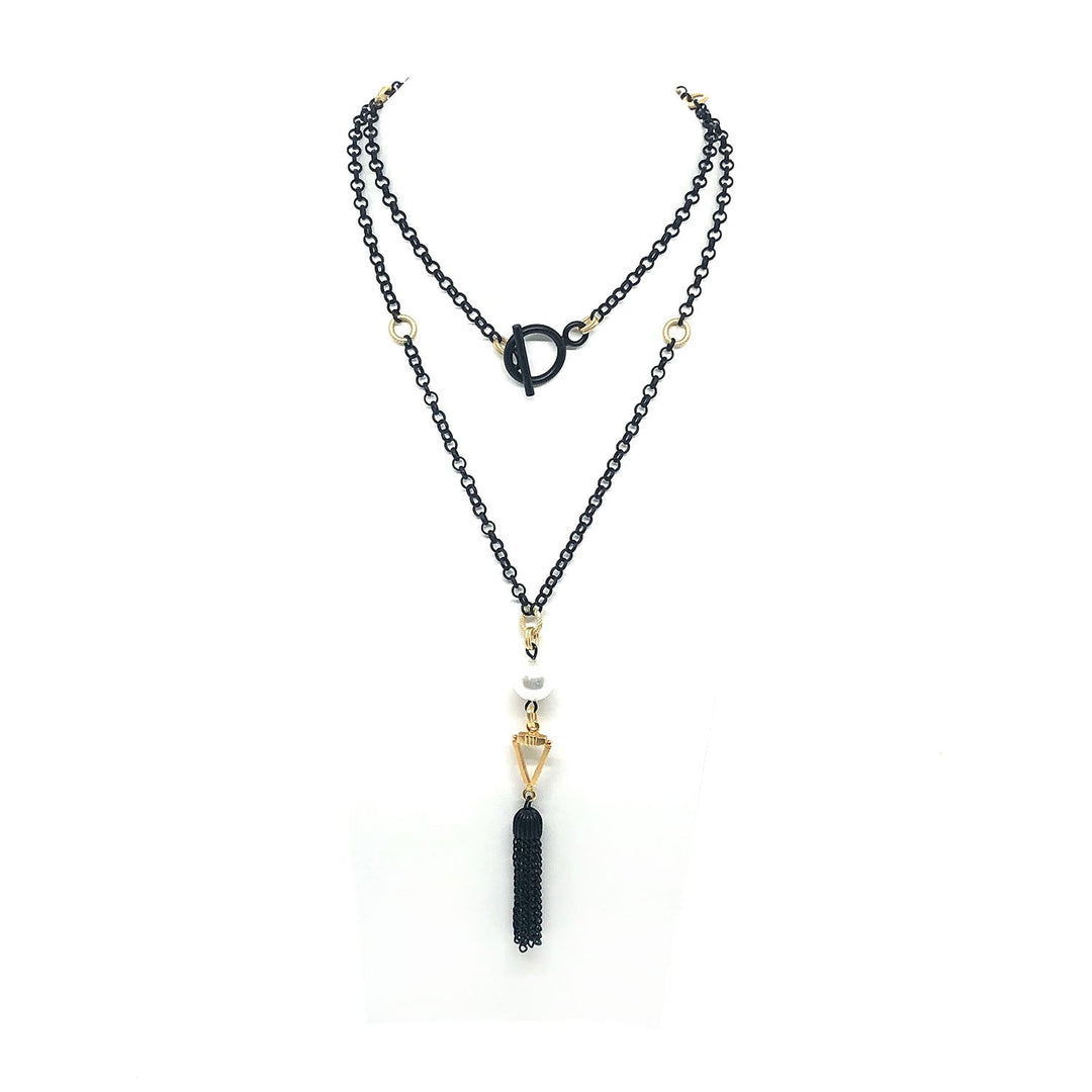 Pearl Matte Black Tassel Matte Black Rolo Chain With Matte Gold Accent Necklace