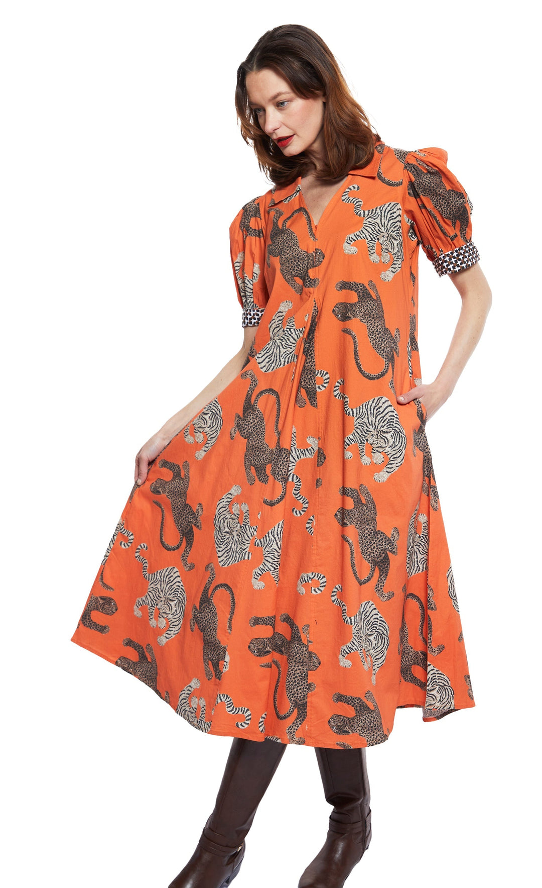 Montauk Dress Rust Ground With Big Cats XS / 6657-F914