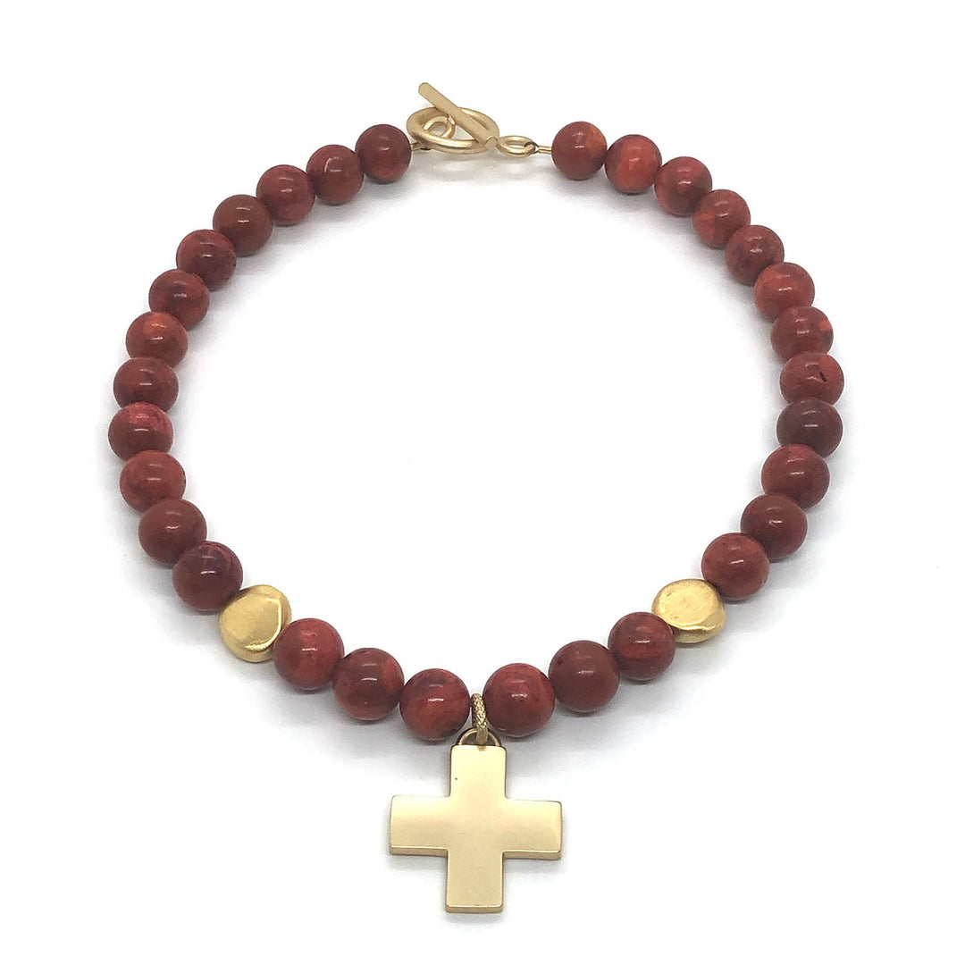 Matte Gold Cross Red Sponge Coral Toggle Closure Necklace