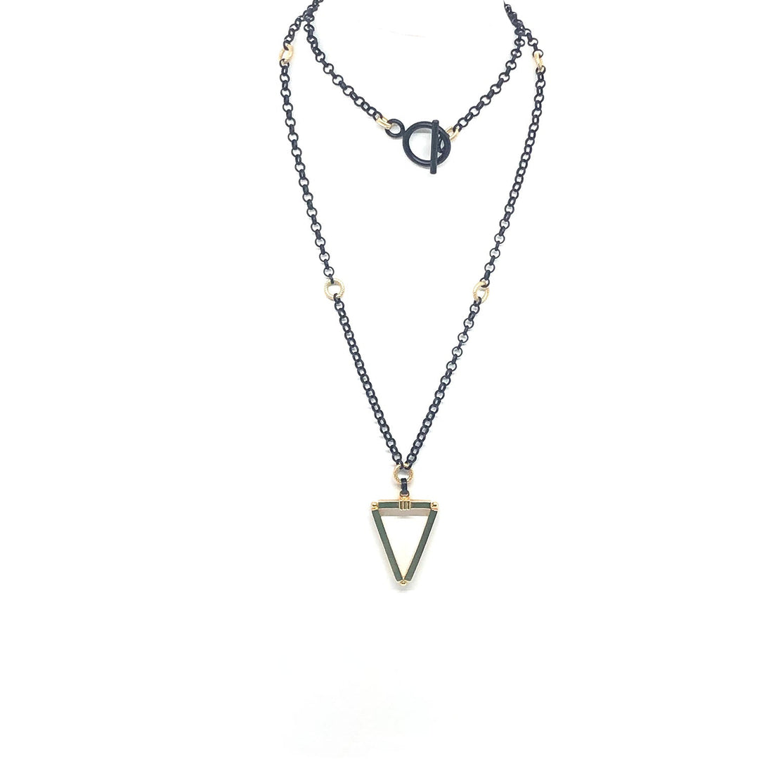 Matte Black And Matte Gold Rolo Chain With Matte Gold  Triangle Pendant