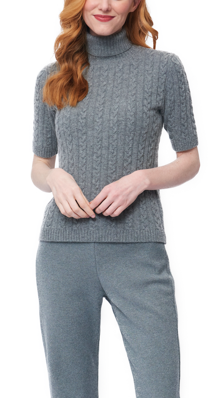 Lea Short Sleeved Cable-Knit Turtleneck, Gray