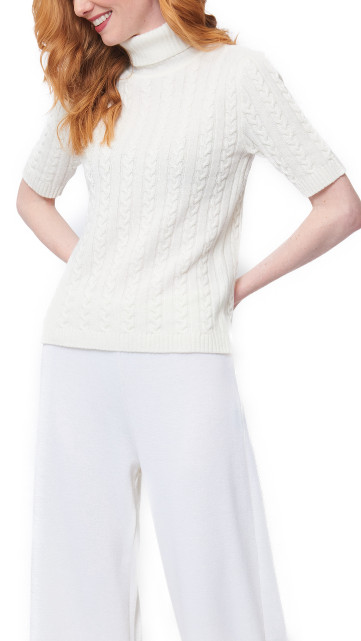 Lea Short Sleeved Cable-Knit Turtleneck, Winter White