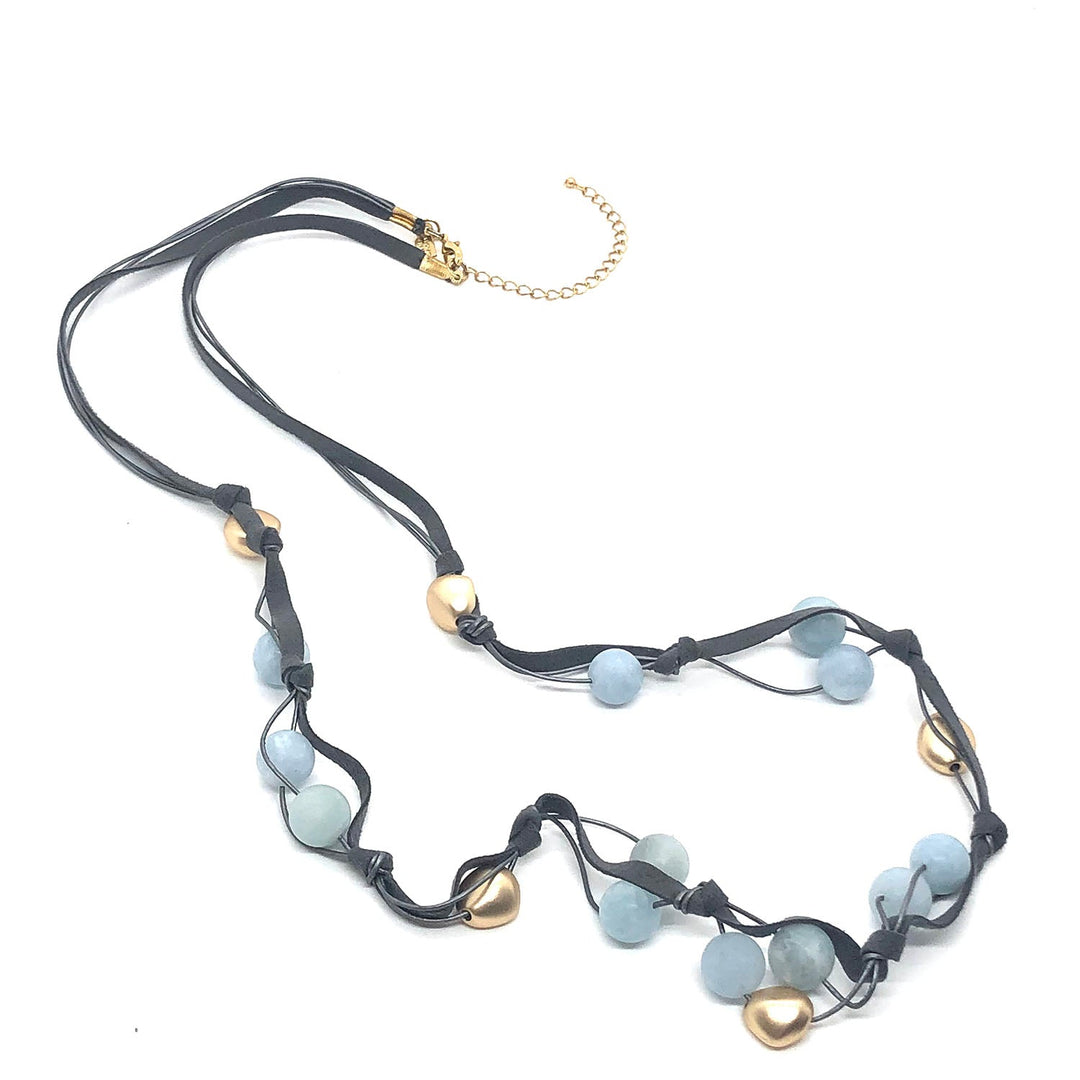 Matte Aquamarine Matte Gold Pebble Bead Platinum Leather And Gray Suede Layer Necklace