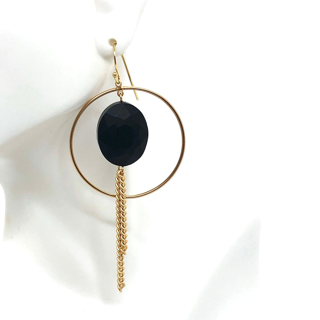 Matte Black Oval Crystal Gold Hoop Chain Fringe Earrings