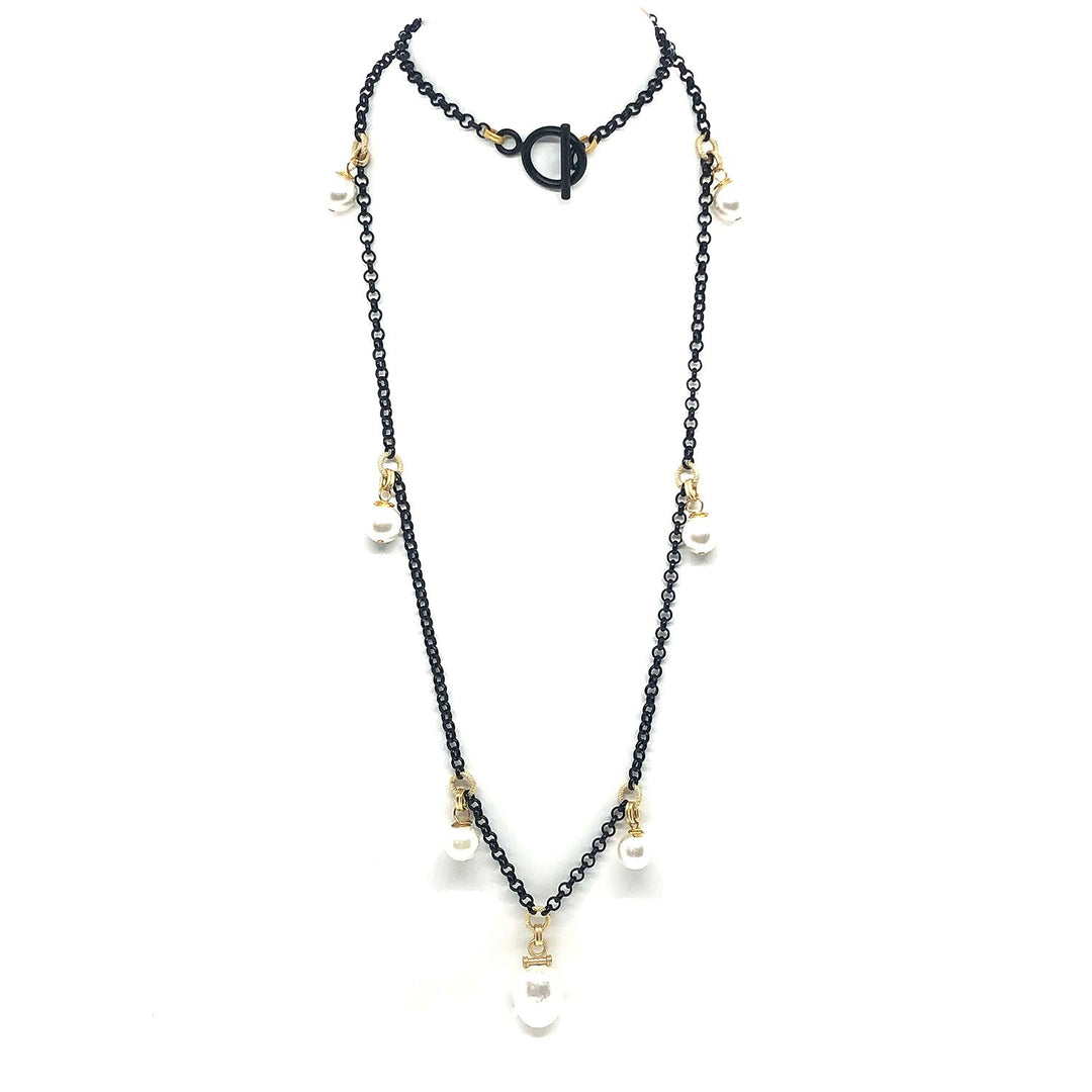 White Pearl Matte Black Charm Matte Gold Accent Rolo Chain