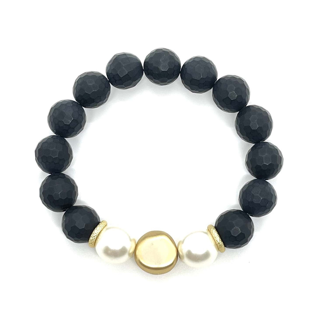 Onyx With Glass Pearl Matte Gold Cross Stretch Bracelet