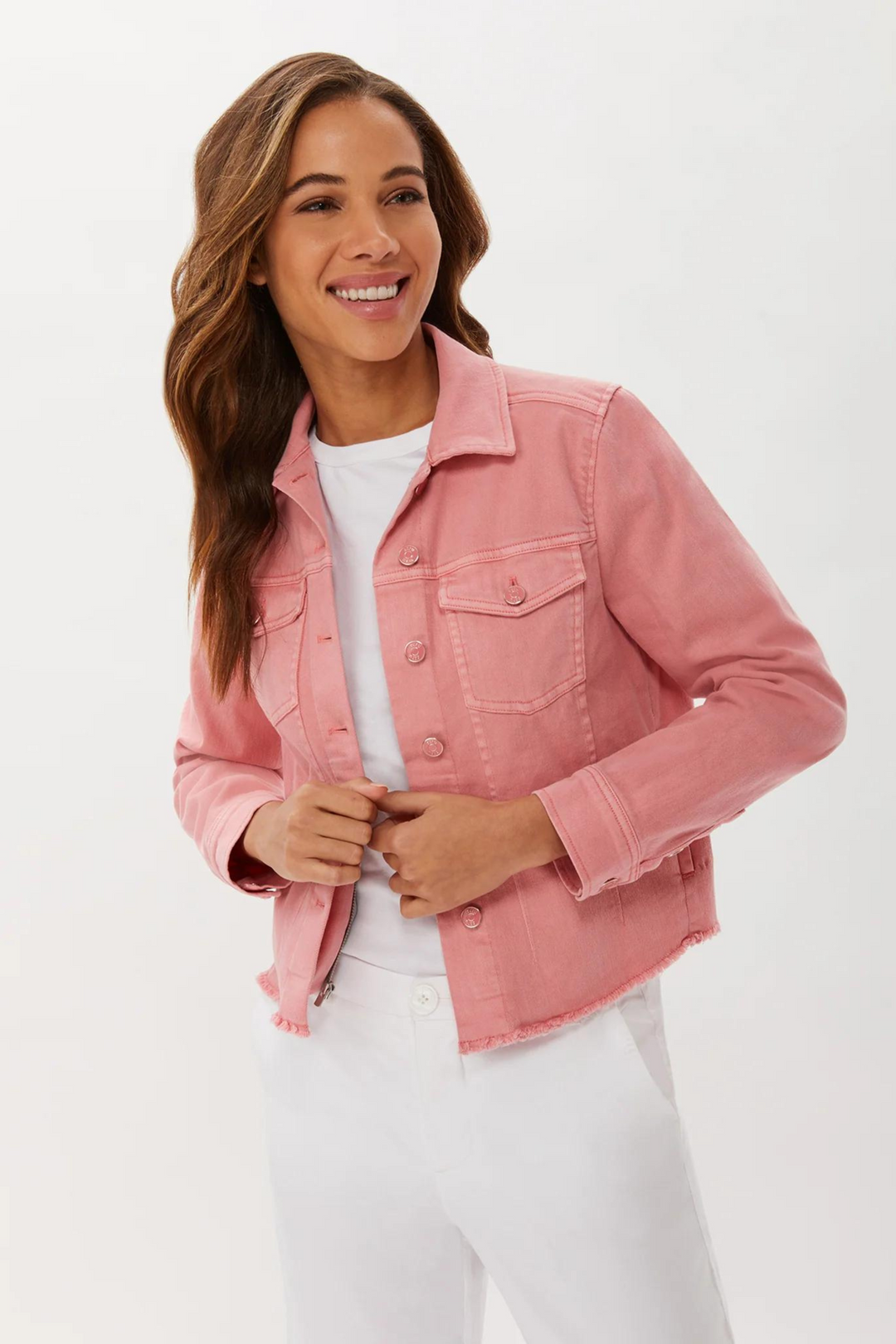 Clean Denim Jacket With Fray Hem - Shell Pink