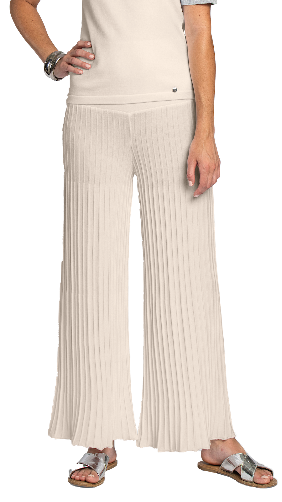 Julia Plisse-Look Full Length Wide Leg Pants, Beige