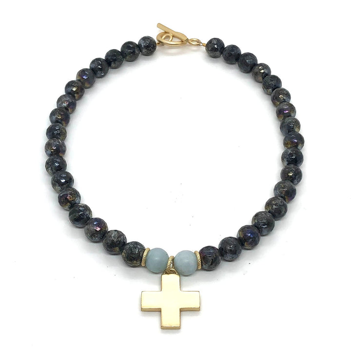 Lavakite And Matte Aqua Marine Matte Gold Cross Necklace