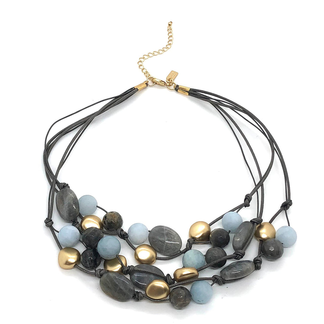 Natural Labradorite, Matte Aquamarine And Matte Gold Bead Toursade Necklace