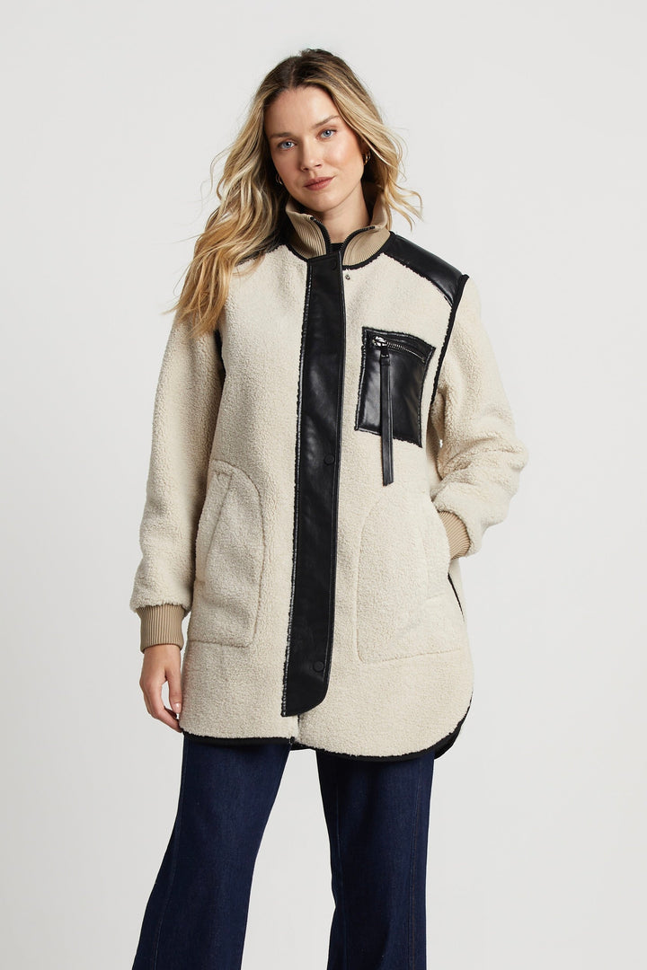 Audrey Faux Shearling Coat w/ Vegan Leather Trim & Side Zippers