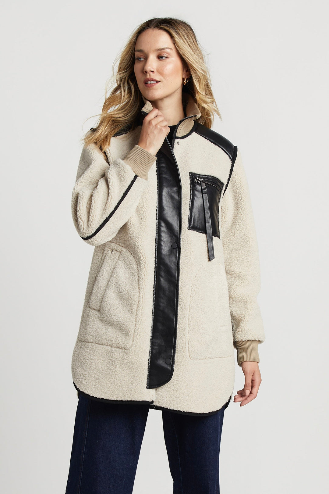 Audrey Faux Shearling Coat w/ Vegan Leather Trim & Side Zippers