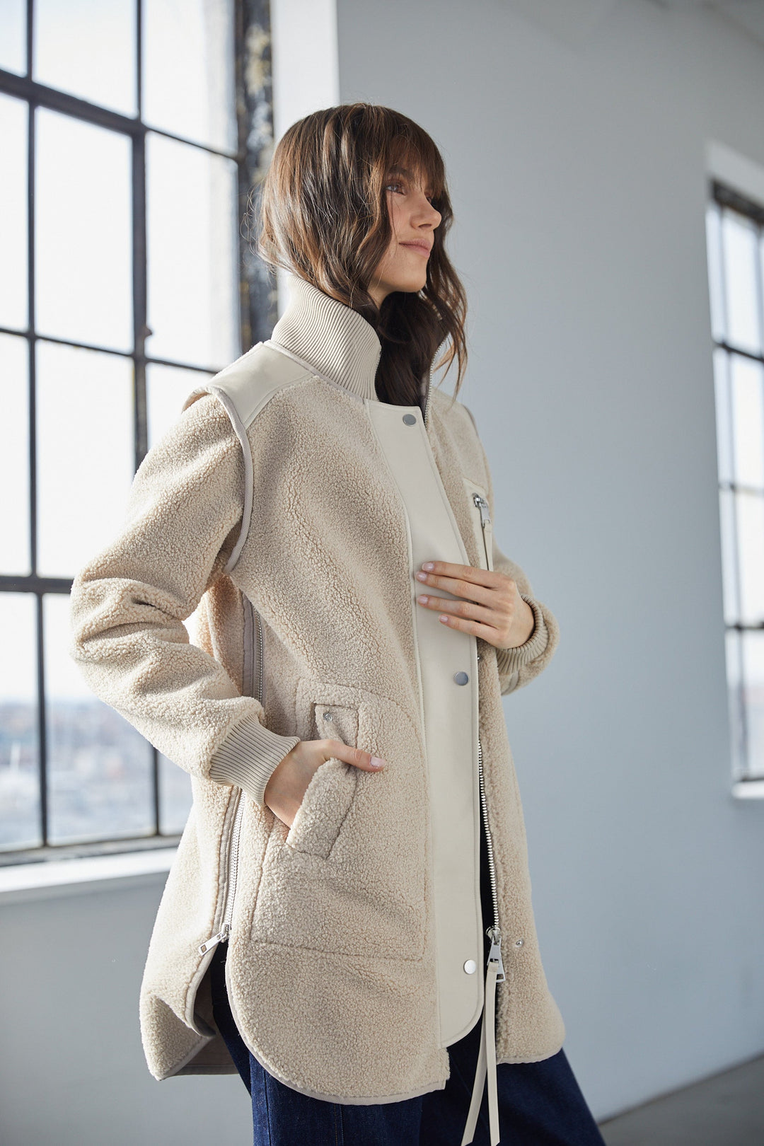 Audrey Faux Shearling Coat w/ Vegan Leather Trim & Side Zippers