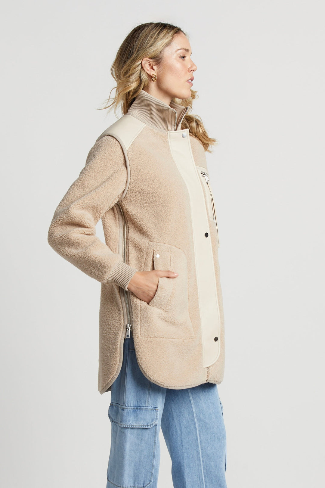 Audrey Faux Shearling Coat w/ Vegan Leather Trim & Side Zippers