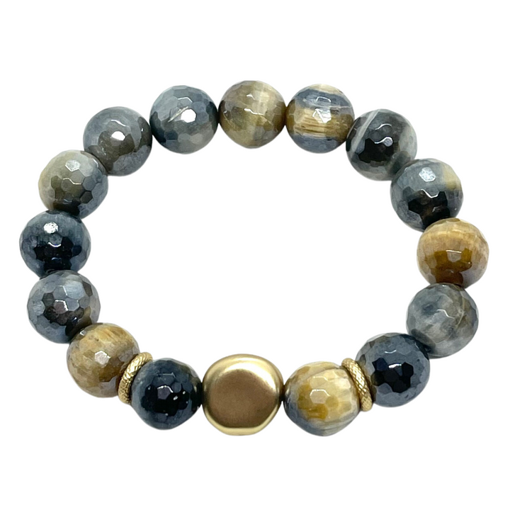 Blue Cream Tigers Eye Stretch Bracelet With Matte Gold Nugget