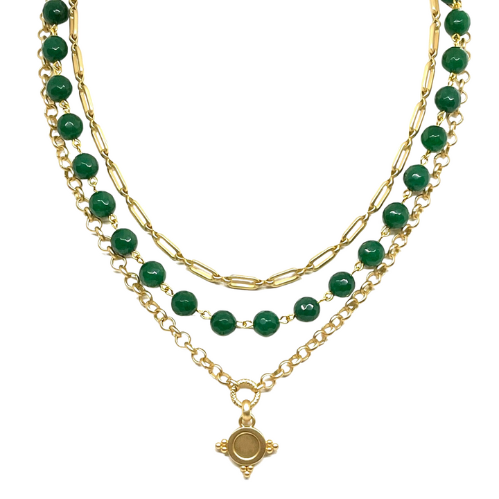 Green Jade 3 Strand Matte Gold Multi Chain Necklace