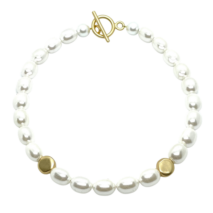 Mother of Pearl Pearls With Matte Gold Flat Bead Necklace