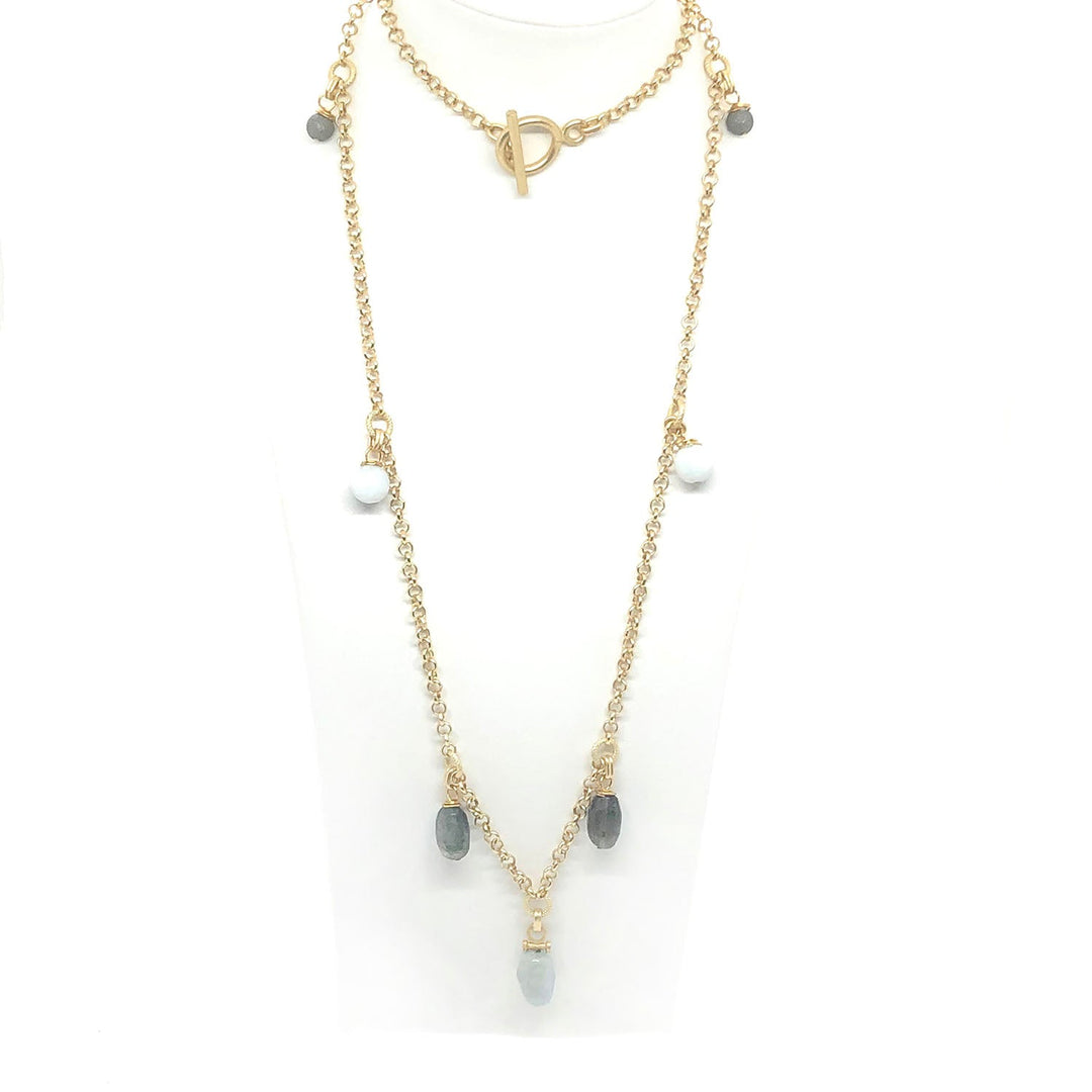 Natural Labradorite, Matte Aquamarine And Gray Druzy Agate Matte Gold Charm Rolo Chain