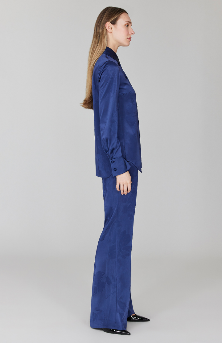 PREORDER Embossed Floral Satin Collared Shirt w/ Side Slits