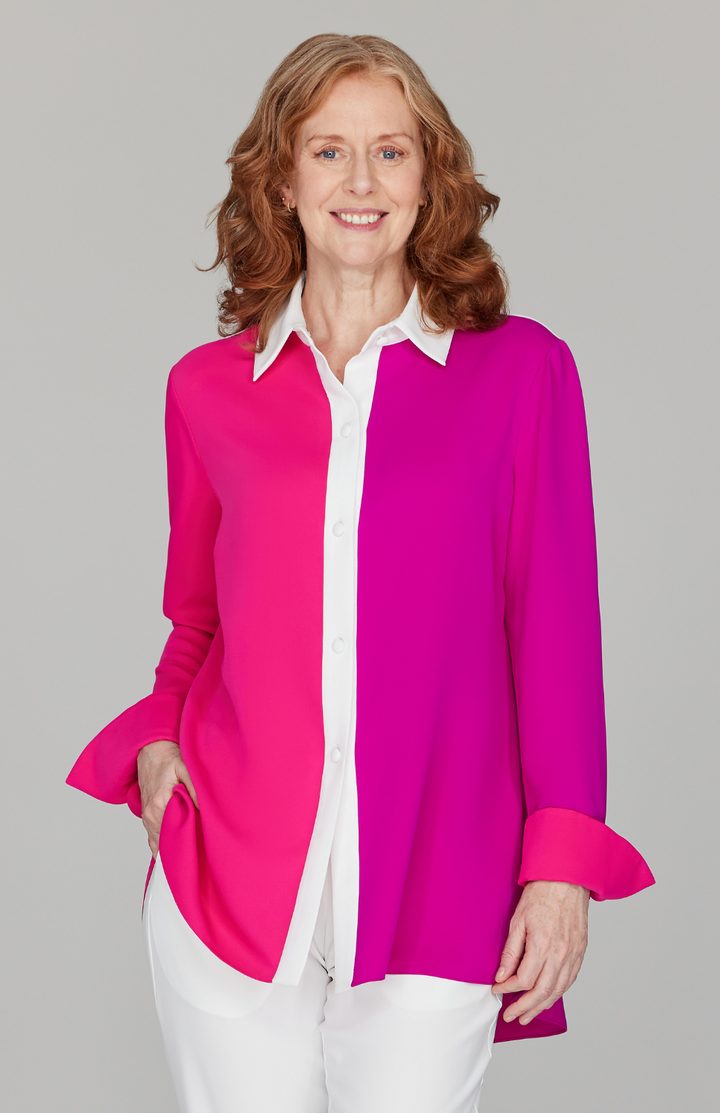 Color Block Lustrous Crepe Back Overlap Shirt